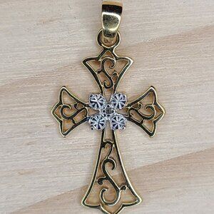 Vtg Gold-Tone Over Sterling Silver Openwork Cross Pendant Filigree 1.25"
